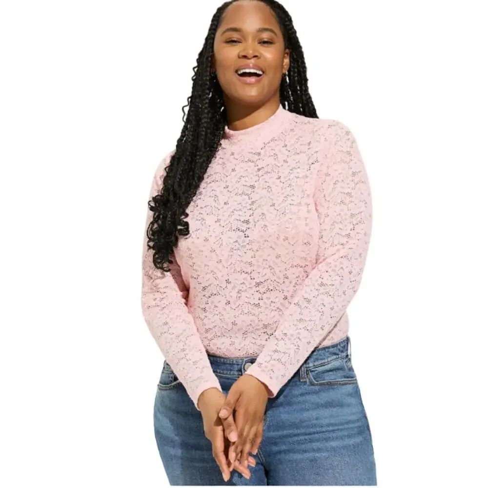 Torrid Almond Blossom Stretch Lace Mock Neck Long Sleeve Blouse, NWT, 2X